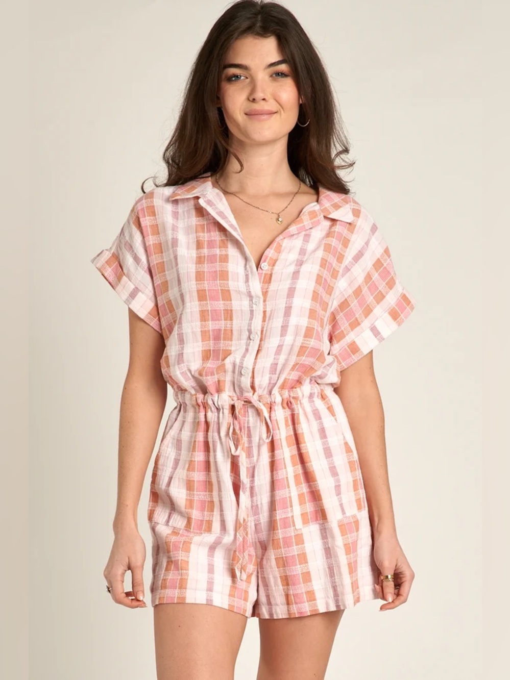 En Creme Pink and Orange Plaid Short-Sleeve Romper 100% Cotton Medium